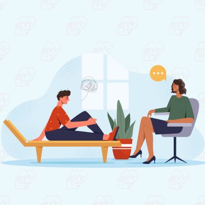 an illustration of a therapy session with a patient seated on a couch expressing their thoughts to a therapist sitting in a chair, symbolizing mental health support.