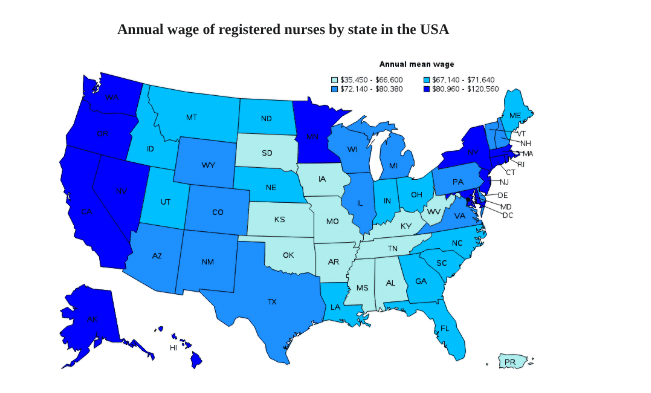 Annual wage of registered nurses by state in the USA