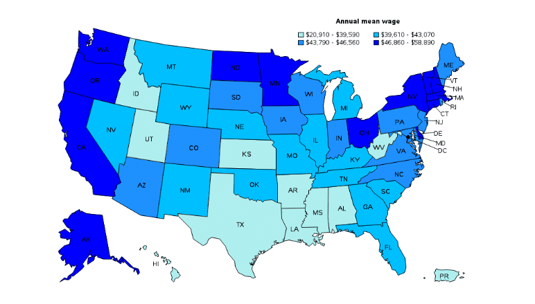 The annual mean wage of dental assistants by state in the USA, comparing salaries across regions to highlight highest and lowest paying states.